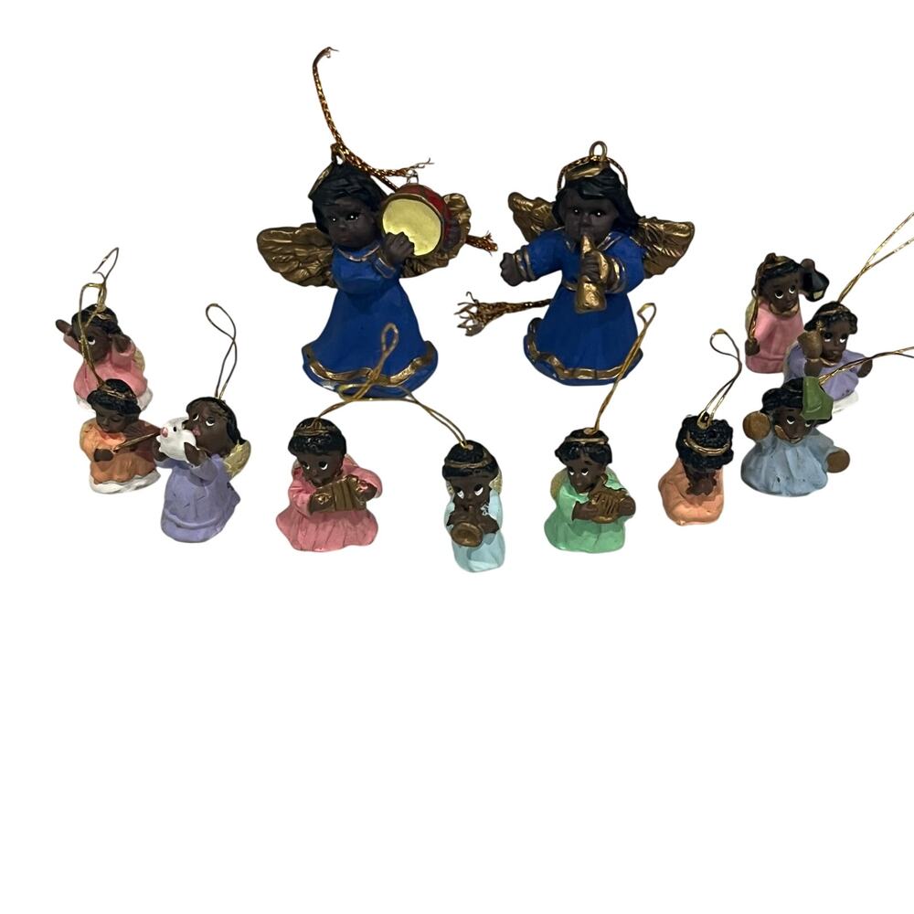 Vintage Giftco African American Miniature Angel Christmas Ornaments Polystone